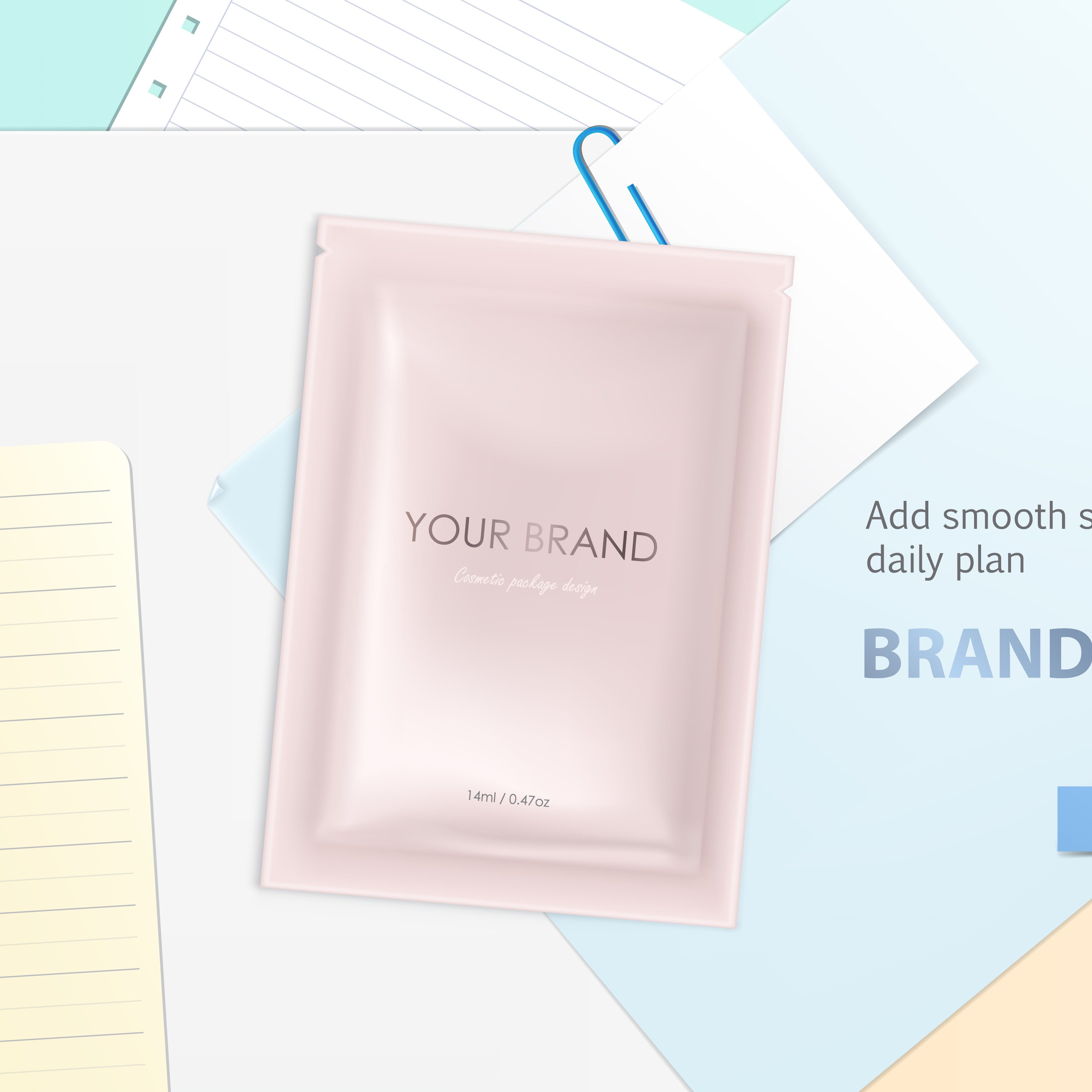 Vector mockup with disposable foil sachet, blank package with facial mask or shampoo, isolated on background. Cosmetic product for daily use, for face and skin treatment. Template for brand promotion
